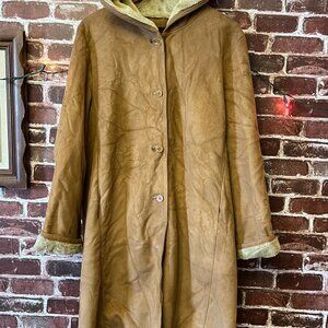 Anne Klein Faux Suede & Shearling Hooded Mid-Length Coat - Camel/Tan - MD